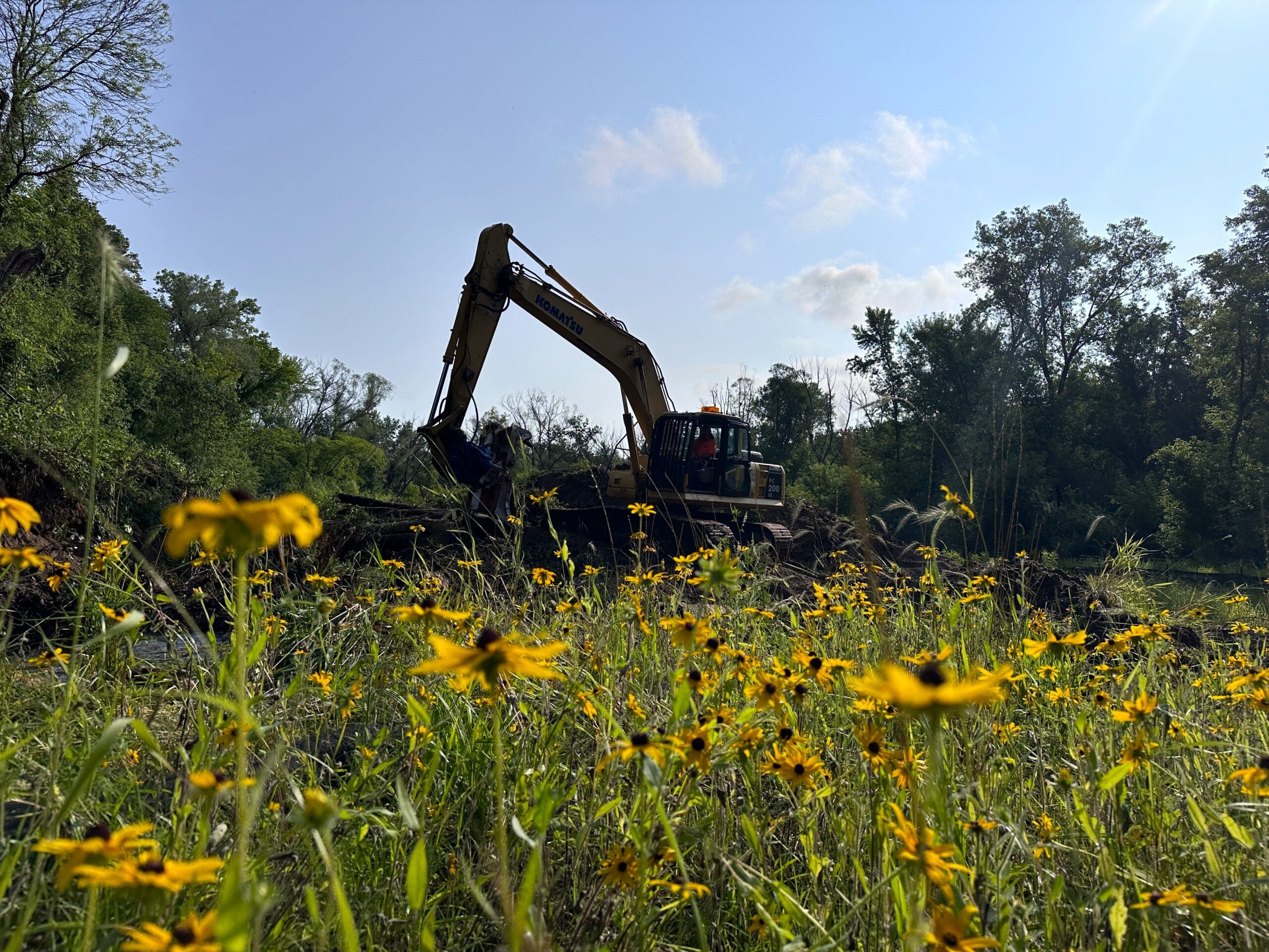 Heavy machinery with yellow flowers in the foreground
