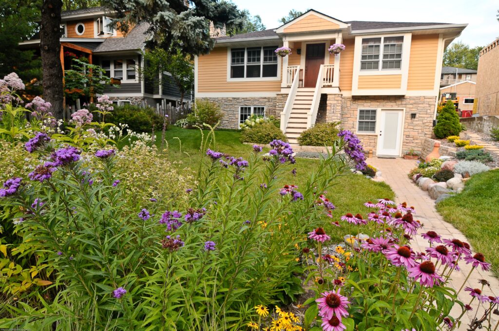 Minnesota native flowers in the foreground of a residential home