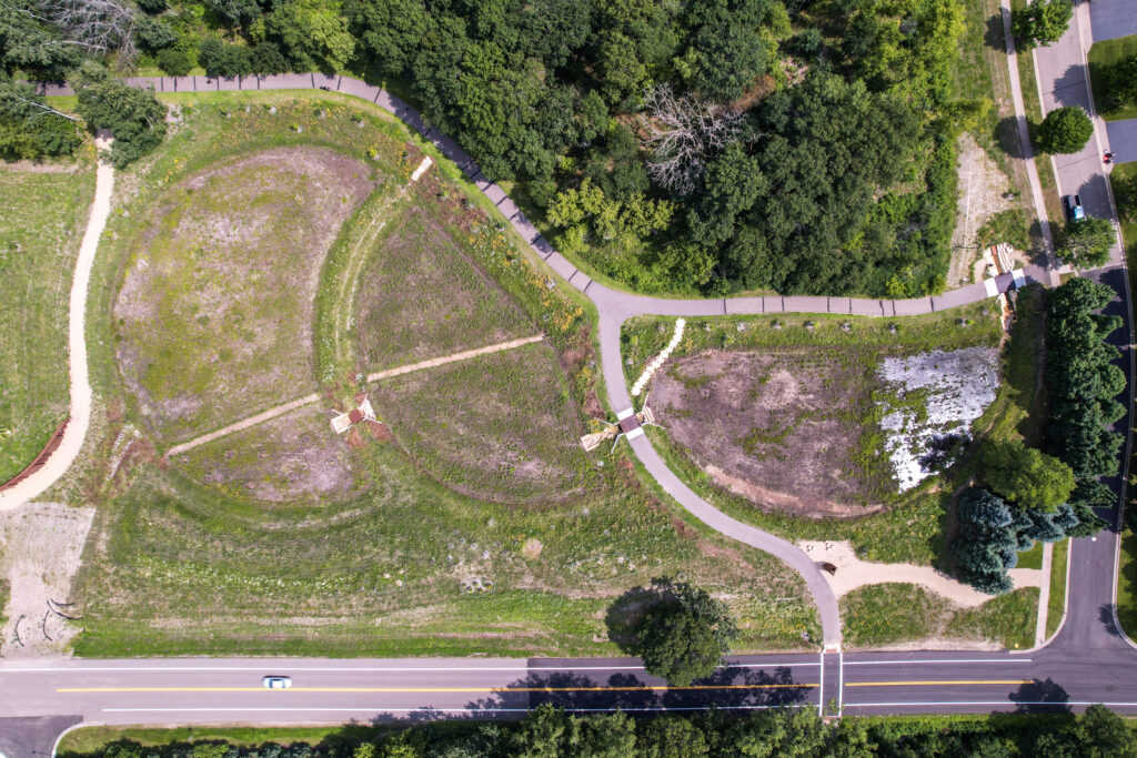 Aerial image of three infiltration ponds at Hasenbank Stormwater Park