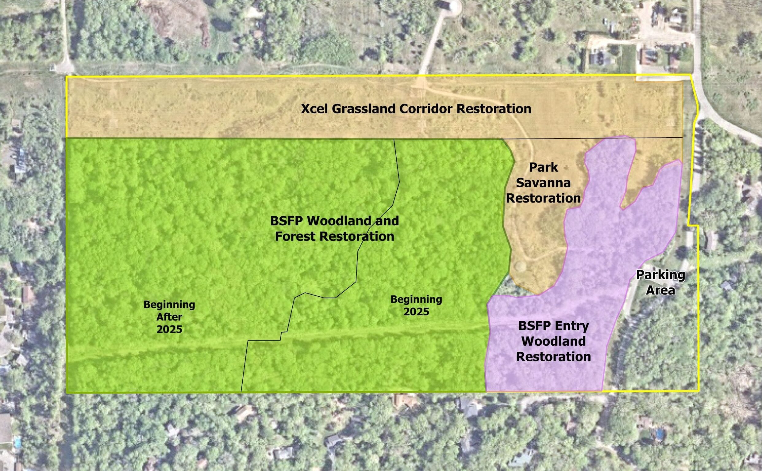 Map identifying areas of restoration at Bailey School Forest Park.