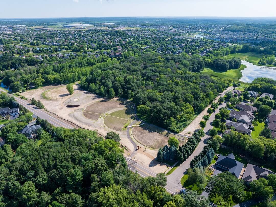 Aerial view of Fish Lake, infiltration basins, Hasenbank Woods, at Hasenbank Stormwater Park